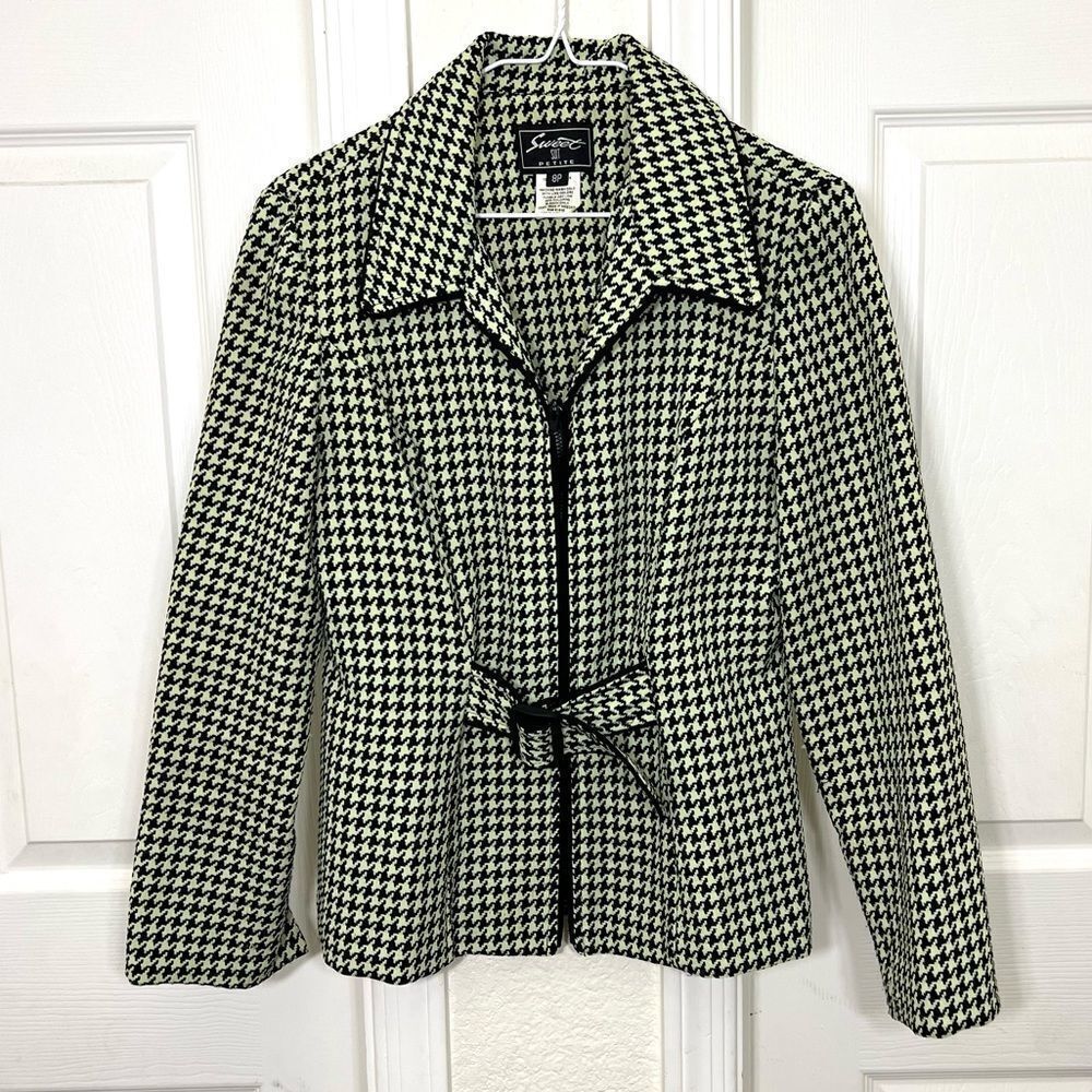 Vintage 90’s Houndstooth Blazer Front Belt Lime Green and Black Size 8 Petite